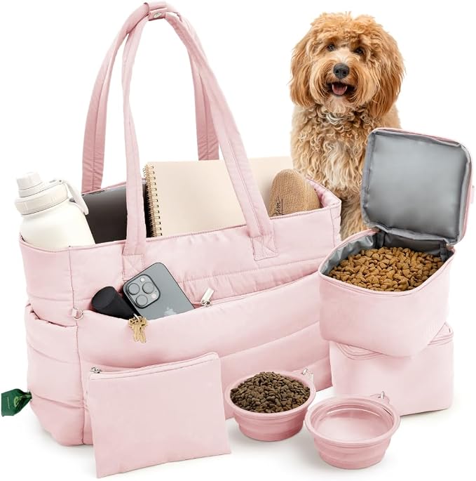 Rubyloo Puffer Dog Travel Bag for Dog Moms, Diaper Bag with Travel Bowls | 2 BPA-Free Collapsible Bowls, 2 Pet Food Containers, 9 Pockets, Everyday Puffer Bag Works With or Without Your Dog, Soft Pink by Rubyloo