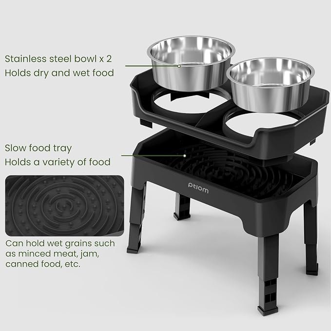 3-in-1 Elevated Dog Bowls Mess Proof Raised Slow Feeder Dog Bowls, 4 Height Adjustable Dog Bowl Stand Licking Plate with 2 56oz Stainless Steel Dog Food Bowls for Small Medium Large Dogs Pets - Image 2