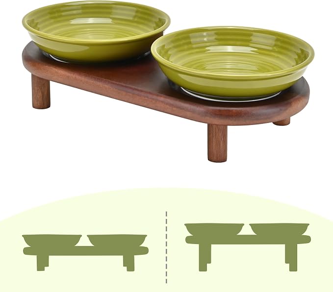 SPUNKYJUNKY Shallow Elevated Cat Bowl with Acacia Wood Stand Wide Raised Ceramic Cat Dishes Whisker Friendly Pet Food and Water Plates (Striped Pattern, Green) by SPUNKYJUNKY