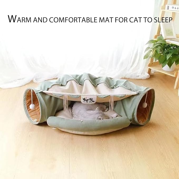 EAEDMY Cat Rabbit Tunnel Bed Nest for Cats Indoor, with Collapsible Washable Soft Cushion, Plush Ball and Exercise Wheel Tube, Fit for Puppy Bunny Kitty Kitten Ferret - Image 3