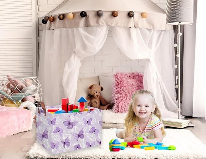 Sanjiaofeng Rectangular Kids Basket Butterfly Storage Bins,Girls Storage Basket with Handles.Clothers,Toys,Books,Kid's Gifts Bins. (Purple Butterfly) - Image 3