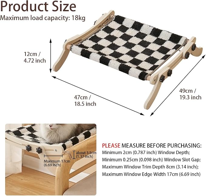 Cat Window Perch, No Screws Easy to Adjust & Assemble, Adjust Wooden Seat for Kitten Bedside Windowsill, Wooden Cats Furniture - Image 5