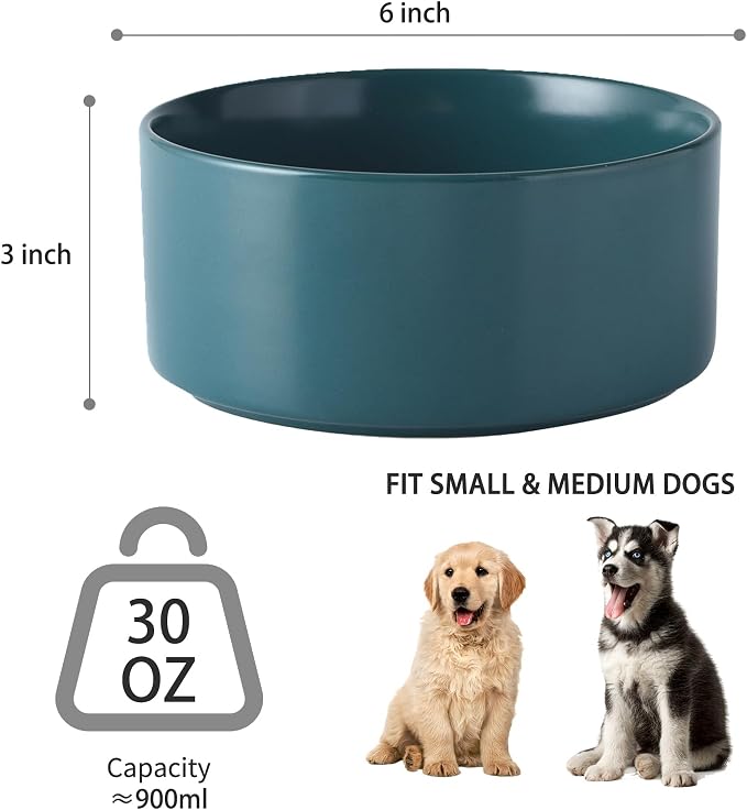Ceramic Set of 2 Dog Bowls - Classic Dogs Food & Water Bowl for Small and Medium Breed, Heavy-Duty Non-Slip Dog Dishes, Food Grade Pet Bowl, Dishwasher & Microwave Safe (6'', 2*30OZ, Green) - Image 3