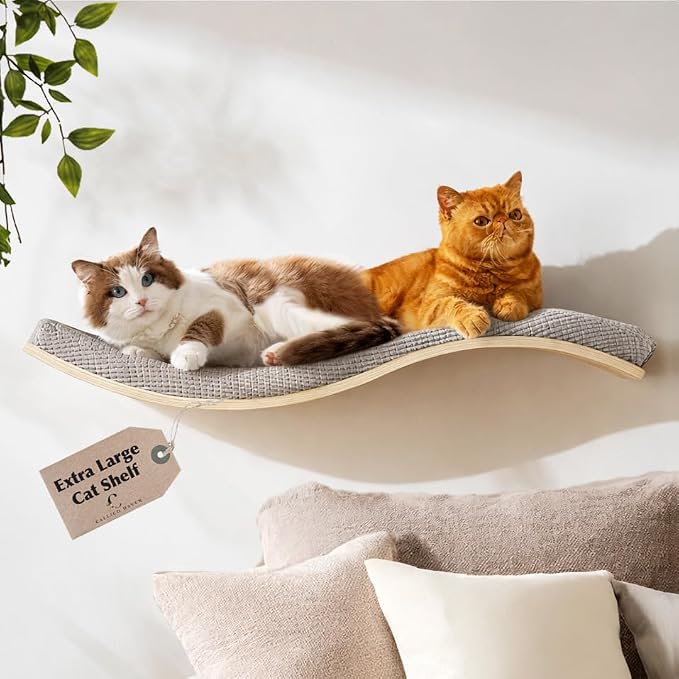 Extra Large 35.4” × 11.6” Stylish Cat Wall Shelves with Soft Cushion, Modern Wall-Mounted Cat Tree Furniture & Perch, Sturdy/Hidden Mounts, Machine Wash Cover, Sleek Design- CALLICO HAVEN Wave S-Shape by CallicoHaven