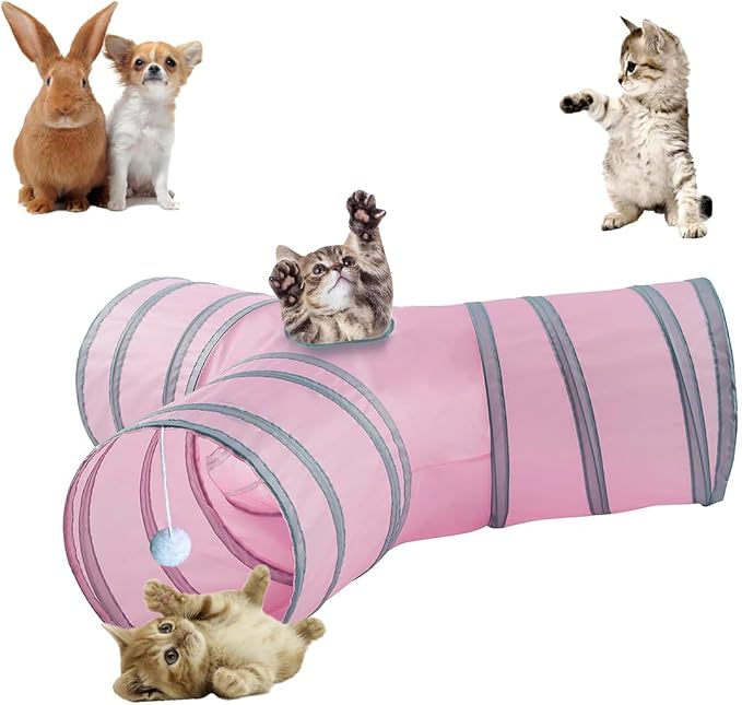3-Way Collapsible Cat Tunnel Tube Toy Pink — Interactive Play Tunnel with Hanging Ball & Peek Hole for Indoor Cats, Kittens, Puppies & Rabbits | Hours of Fun & Exercise by Mabaytir