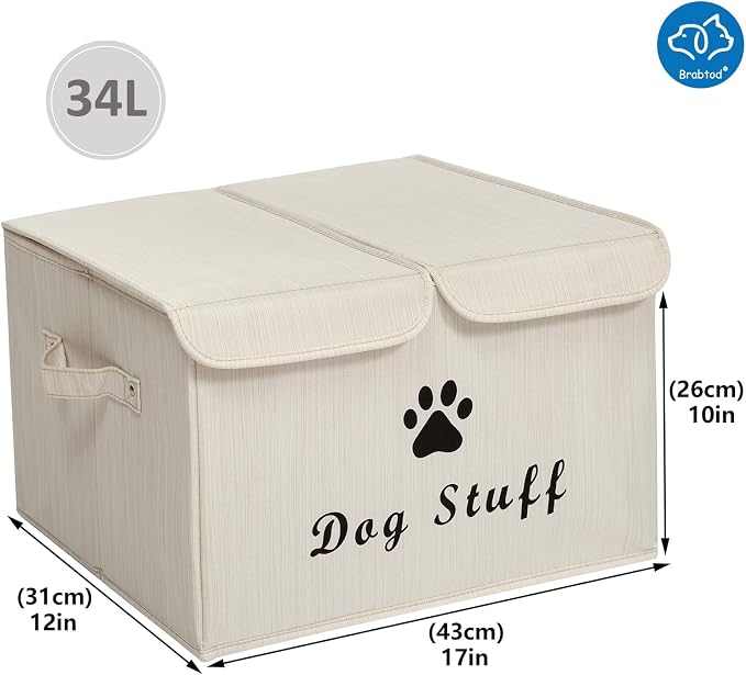 Large Dog Toys Storage Box Canvas Storage Basket Bin Organizer with Lid - Collapsible Linen Bin Ideal for Organizing Dog Cat Toys and pet Stuff-PP Boad-17" x 12" x 10" - Slub Beige - Image 7