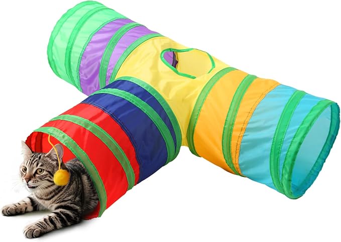 Pet Cat Tunnel, T-3 Way Tunnels for Indoor Cats, Collapsible Pet Tunnel for Kitten, Puppy, Rabbit, 25cm-Wide Tunnels, Durable & Breathable, with Peek Hole Toy Ball by Tamiplay