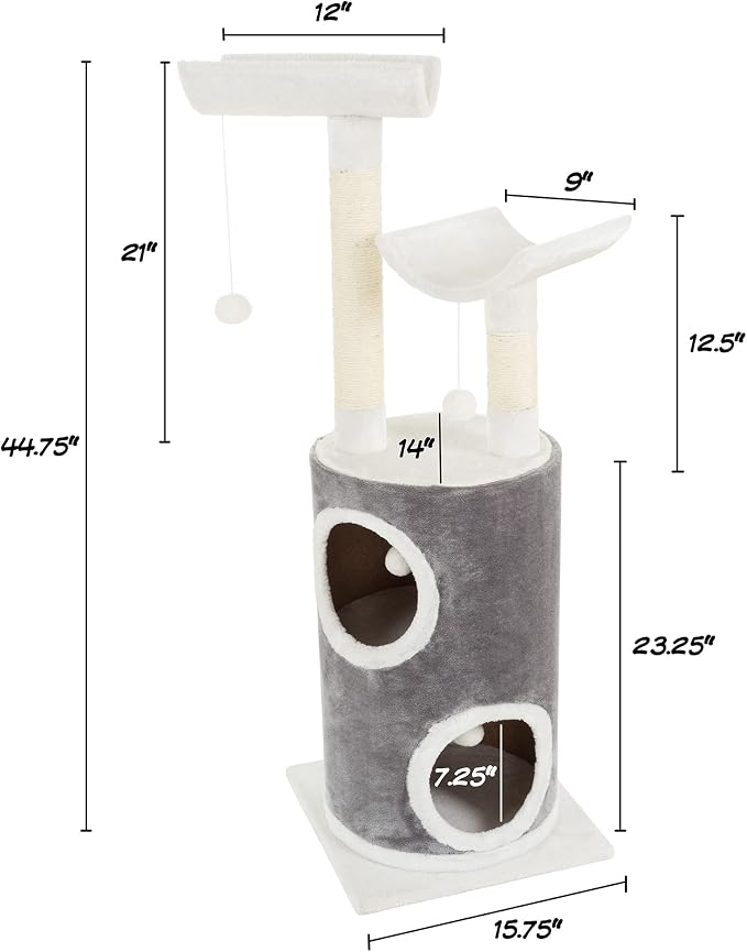 45in Cat Tree with Napping Perches, 2 Story Cat Condo, Cat Scratching Posts, and Hanging Toys - Cat Tower for Indoor Cats by PETMAKER (Gray) - Image 2