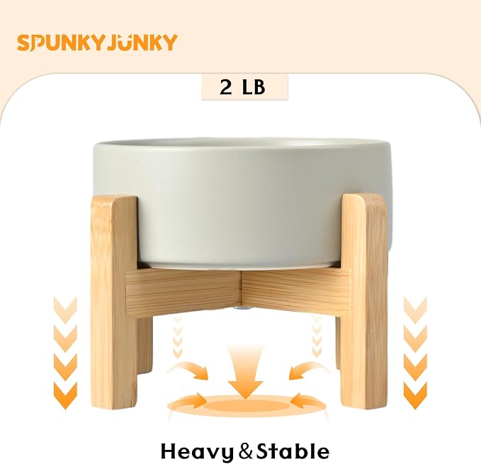 SPUNKYJUNKY Ceramic Elevated Dog Bowls 2 Pack - 6.1inch Raised Dog Bowls with Non-Slip Wooden Stand for Medium Dogs Dishwasher Safe(Grey,28.7OZ*2) - Image 6