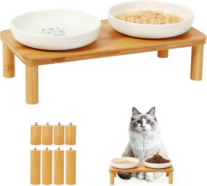 DoogCat Raised Cat Bowls, Bamboo Stand with 2 Ceramic Bowls | Adjustable Height, Whisker-Friendly Design, Food & Water Set, Stable Construction, Easy to Clean - Image 8