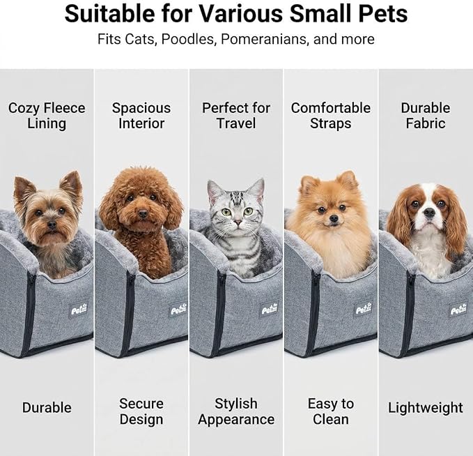 Pet Car Center Console Elevated Armrest Car Seat for Small Puppy, Dogs & Cats (Up to 10 lbs) – Dark Gray Washable Plush Carrier with Safety Leash, Fits Front Vehicle Console Space (Grey) - Image 4