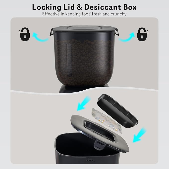 Automatic Cat Feeder and Water Dispenser FW1, Wire or Battery Cat Food Dispenser Timer Pet Feeder - Locking Lid, Desiccant Bag, Programmable Portion Control, 4 Daily Meals, 10s Voice Recorder - Image 3