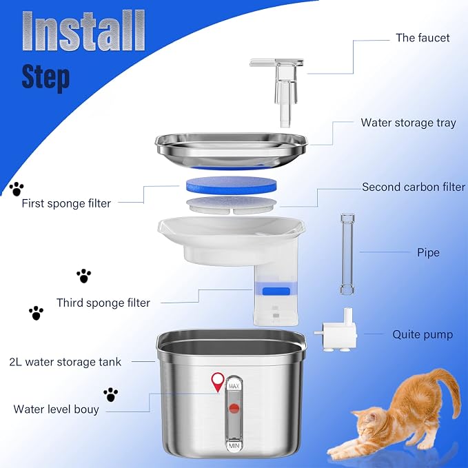 Homtyler Cat Water Fountain, Stainless Steel Pet Water Fountain for Cats Inside, 3 Filters&Ultra-Quiet Pump, 2.2L/73oz Automatic Dog Dispenser Water Bowl, Multiple Pets Water Fountain - Image 3