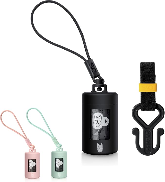 SVD.PET Retractable Dog Poop Bag Dispenser and Waste Bag Holder Kit, Black | Lightweight, Stretchy Strap Fits Any Dog Leash, Leak-Proof Bag Starter Roll Included, Dog Essentials for Walking and Travel by SVDPET