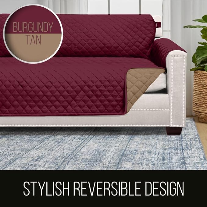 Sofa Shield® Couch Small Sofa Slip Cover for Dogs with Strap, Burgundy Tan | Reversible Furniture Protector, Stain and Tear Resistant Cushion Cover, Machine Washable Slipcover for Pets, Cats 70 inch - Image 5