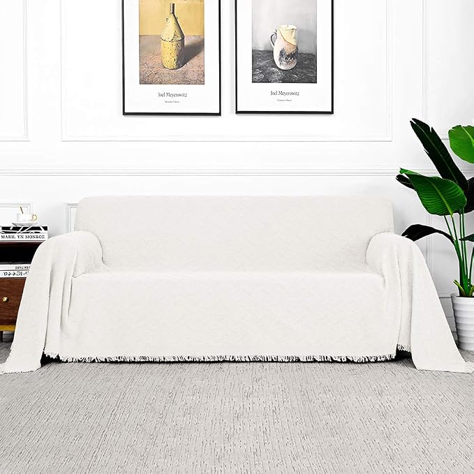 MYSKY HOME White Sofa Covers for 3 Cushion Couch Geometrical Living Room Sofa Throws Sofa Slipcovers for Pets, Kids (XX-Large, 91" x 134", White) by MYSKYHOME
