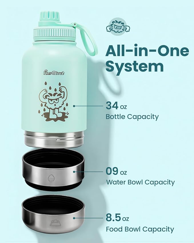 34oz Dog Water Bottle, Stainless Steel Dog Water Bottle Dispenser with Detachable Food & Water Bowls, Keeps Water Hot/Cold, for Walking, Hiking, Camping(Pale Blue) - Image 2