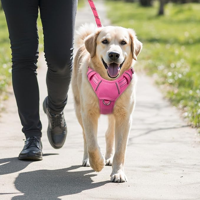 BARKBAY No Pull Dog Harness Large Reflective Dog Harness with Front Clip and Easy Control Handle for Walking Training Running with ID tag Pocket(Pink,L) - Image 9