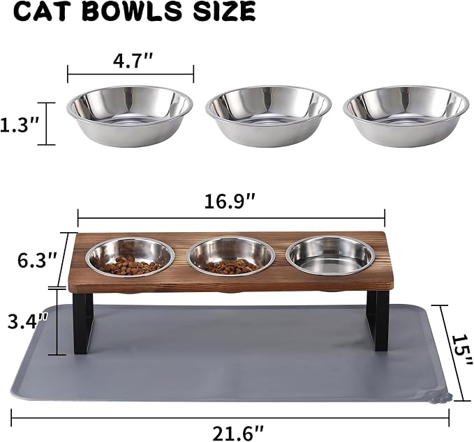 Summark Upgraded Elevated Cat Bowls with Food Mat,15°Tilted Stand Anti Vomiting Raised Cat Dishes for Food and Water,3 Stainless Steel Bowls for Cats and Puppy（Rustic Brown） - Image 5