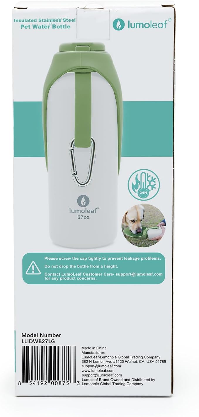 LumoLeaf Insulated Dog Water Bottle 27 oz Stainless Steel - Keep Water Cool or Warm, Portable Pet Water Bowl for Travel, Wide Mouth for Easy Ice Filling & Cleaning (Green, 27 oz) - Image 4