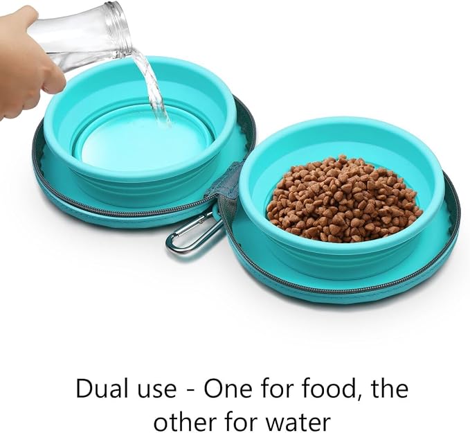 KALLAK Collapsible Silicone Twin Bowls with Zipper Silicone Case, 2 in 1 Portable Travel Dog Feeder, Pop Out Non-Skid Food and Water Bowl with Carabiner Clip - Image 2