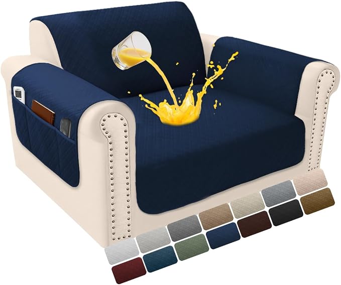 Velvet 100% Waterproof Chair Covers for Living Room Sofa Armchair Cover Washable Couch Arm Chair Slipcovers for Dogs Non Slip Quilted Furniture Protector with Pockets (Small, Navy) by YUEVELLASofaCover