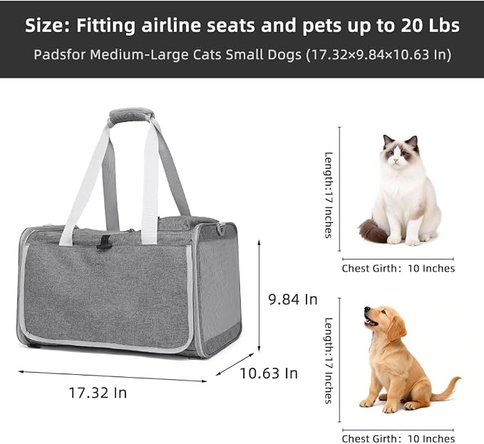 Cat Carrier Soft Sided Dog Carrier Airline Approved Pet Carrier for Small Dog/Cat Bag (17.32" L×10.63" W×9.84" H) with 1 Poop Bags and 5 Pee Pads,Ideal for Medium-Large Cats Small Dogs - Image 5