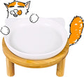 Elevated Ceramic Cat Bowls with Bamboo Stand for Cat Bowl, Whisker Friendly Shallow Cat Plate, Stable Raised Cat Food Riser for Indoor Cats (White, Set of 1) by Tafelf