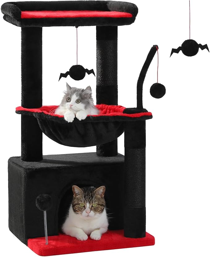 PEQULTI 4-in-1 Gothic Cat Tree for Kittens & Small Cats, 33in Black Tower | Compact 33in cat tower: deep hammock, cozy condo, top perch, sisal post; removable washable cover; wide base for small cats by PEQULTI