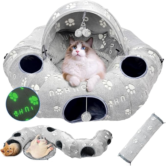 Cat Tunnel Bed, Cat Tunnels for Indoor Cats, Cat Donut Tunnel Toy with Washable Circle Cushion, Straight Shaped Tunnel, 4 Fluffy Balls, Blackout Tent, Self-Luminous Cat Toys（Grey） by OUHOU