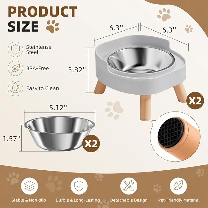 Elevated Cat Bowls, 2P Raised Cat Food and Water Bowl Set for Indoor Cats, Splash Proof with 2 Stainless Steel Pet Food Bowls for Cats ＆ Puppies, Whisker Friendly and Dishwasher Safe - Grey - Image 6