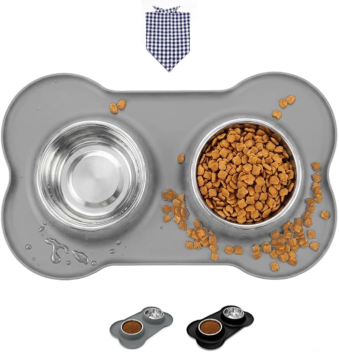 Double Stainless Steel Dog Bowls with Non-Slip Silicone Mat,Pets Food Bowl Set, Non-Slip & Dishwasher Safe, Medium Dog Bowls for Puppies & Cats, Suitable for Tiny Pets Under 20lbs, Medium,Grey by Unknown