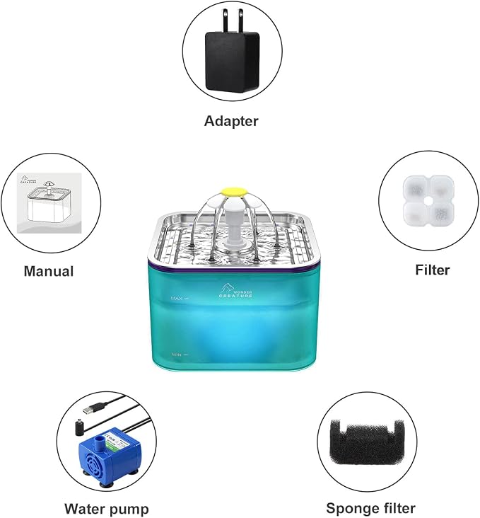 Wonder Creature Crystal Cat Water Fountain Stainless Steel Lid, 101oz/3L | Pet Fountain with Transparent Base, Quiet Pump, LED Indicator Light, Triple Filtration, 3 Flow Modes for Cats and Dogs - Image 7