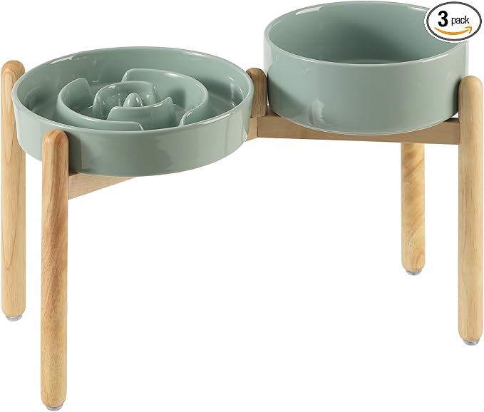 Havniva Elevated Slow Feeder Dog Bowls, Ceramic Dog Bowl Slow Feeder Set | 3.2 Cups Raised Slow Feeder Dog Bowl for Large Breed, 8.2” Dog Water Bowl with Wooden Stand, Puzzle Dog Food Bowl, Non-slip by Havniva