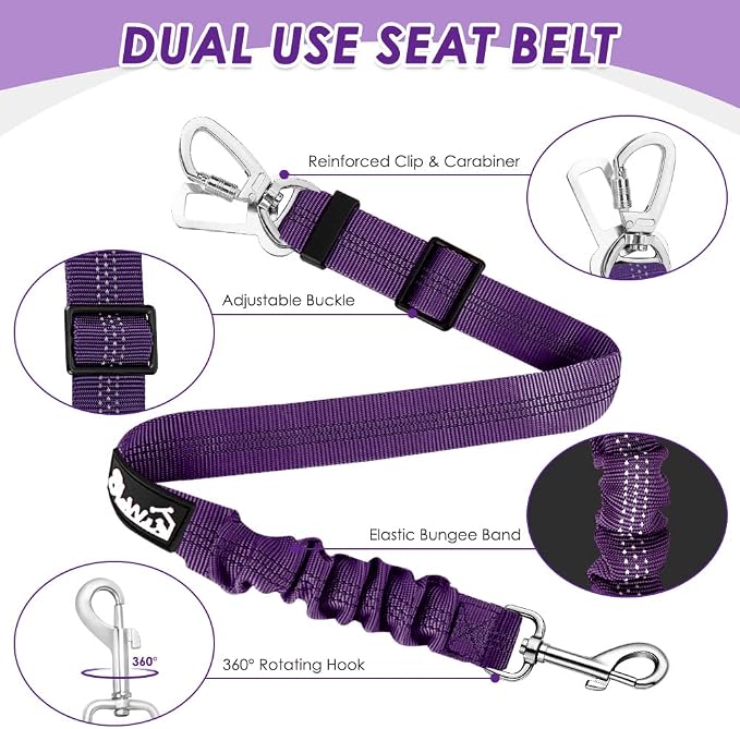 Lukovee Dog Car Harness Seat Belt, Harness & Seatbelt with 2 in 1 Buckle | Adjustable Soft Breathable Mesh Harness, Reflective Elastic Reflective Tether, for Small Medium Large Dogs Pets (Purple,3XS) - Image 7