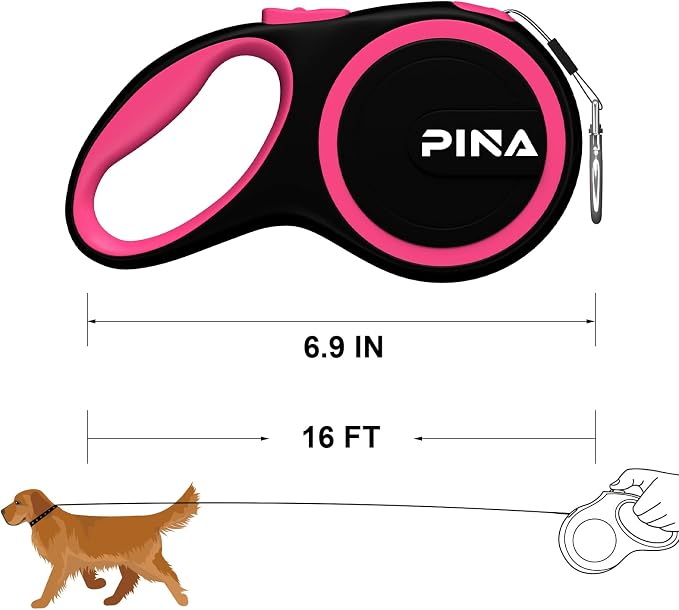 PINA Retractable Dog Leash, 16ft Dog Leash for Small Medium Dogs Up to 44lbs, 360° Tangle-Free Strong Reflective Nylon Tape, with Anti-Slip Handle, One-Handed Brake, Lock - Black Pink - Image 6