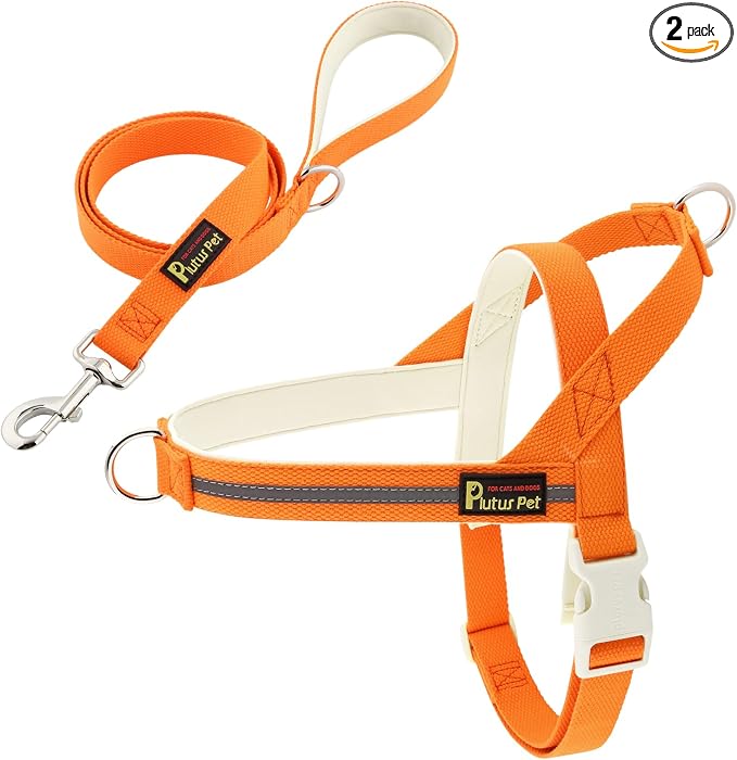 Plutus Pet Cotton Dog Harness and Leash Set, Reflective and Soft Padded, Quick Fit Vest Harness, for Small, Medium and Large Dogs, Orange, L by PLUTUSPET