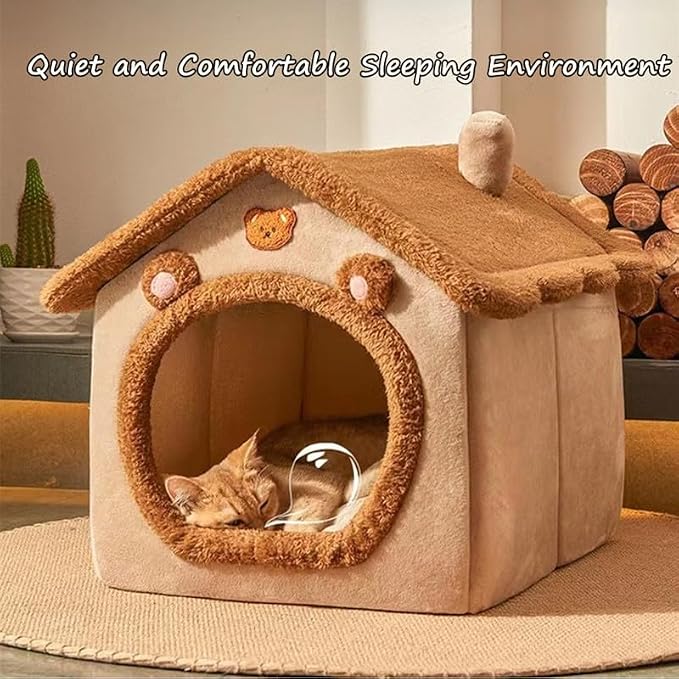 Cat Beds for Indoor Cats, Cute Bear Shape Cat Bed Cave, Brown | Pet House Cats Tent with Removable Cushion Pillow for Kittens Puppy Small Dogs - Image 2