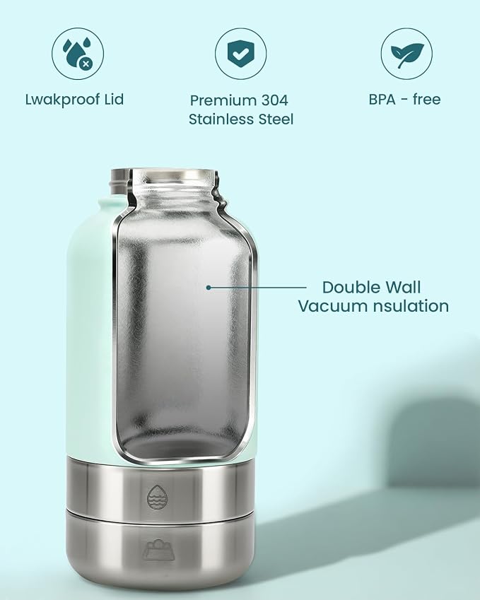 34oz Dog Water Bottle, Stainless Steel Dog Water Bottle Dispenser with Detachable Food & Water Bowls, Keeps Water Hot/Cold, for Walking, Hiking, Camping(Pale Blue) - Image 7