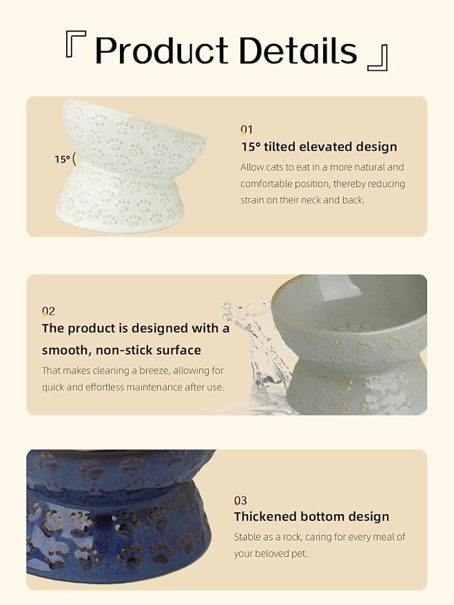 Ceramic Tilted Elevated Small Cat Bowl, for Fat Faced Cat, Kitten, Blue | 15° Tilted Elevated Design,5oz Small Meal Capacity,Chin-Friendly Ceramic,Paw Print - Image 7