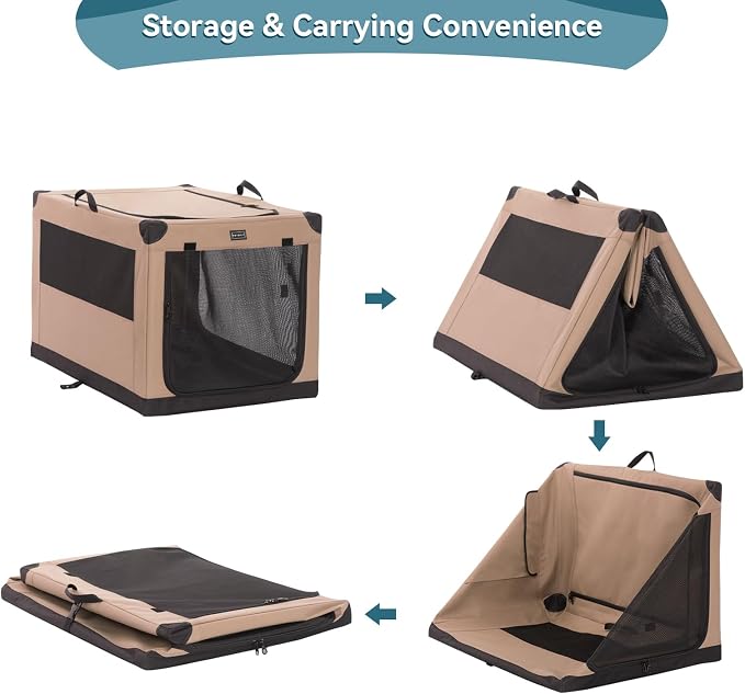 PETSFIT 30" Soft Portable Dog Crate – Patented Spiral Sturdy Frame, Collapsible Travel Kennel for Medium & Large Dogs, 3 Mesh Door, Lockable Zippers, Indoor & Car Use Khaki - Image 6