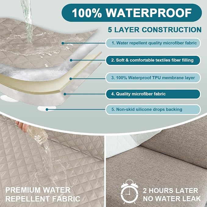 Turquoize 100% Waterproof Futon Cover Futon Slipcover Washable Armless Sofa Bed Slipcover Protector Seat Width Up to 70" with Adjustable Elastic Strap Anti-Slip for Dogs, Pale Oak - Image 3