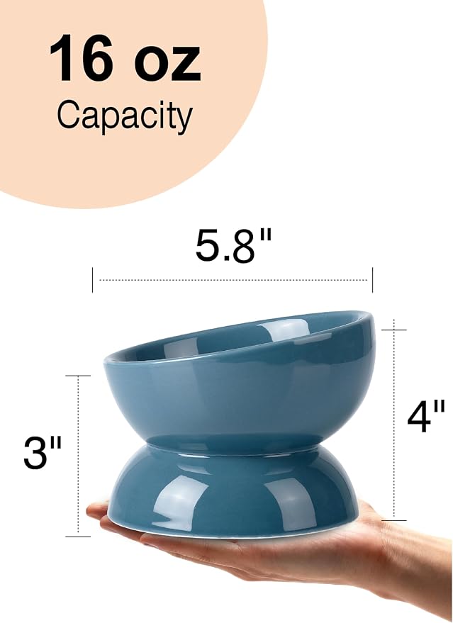 ABRUTY Cat Water Bowl, 16 OZ Ceramic Elevated Cat Bowls, 15° Tilted and Raised Pet Food Dish, Anti Vomiting Protect Pets' Spines and Whisker Fatigue, Set of 2, Blue - Image 2
