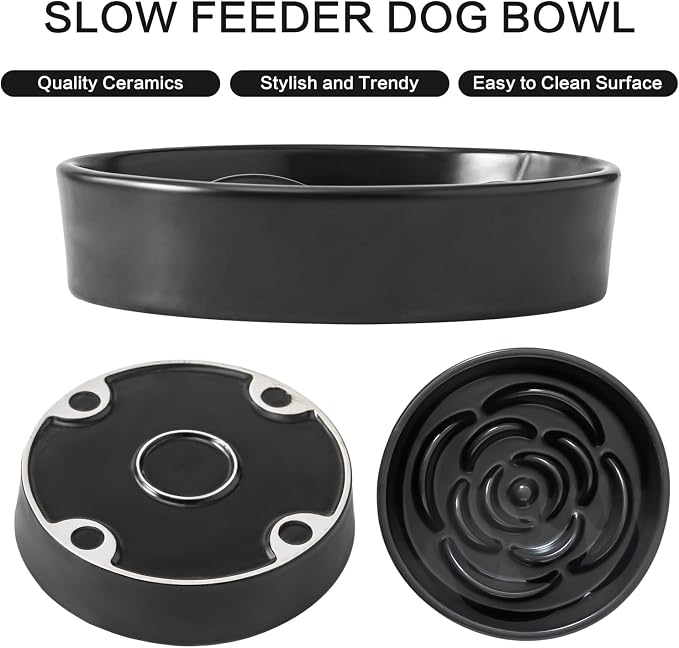 8.25'' Ceramic Slow Feeder Dog Bowls - Petal Shape Modern Dog Food Dish for Medium and Large Breeds, Puzzle Maze Bowl to Slow Down Eating, Anti-Gulping, Dishwasher & Microwave Safe, Black - Image 2