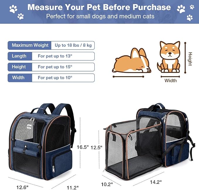 Large Cat Backpack Carrier Expandable Pet Carrier Backpack for Small Dogs Medium Cats Fit Up to 18 Lbs, Dog Backpack Carrier, Foldable Puppy Backpack Carrier for Travel, Hiking,Blue - Image 2