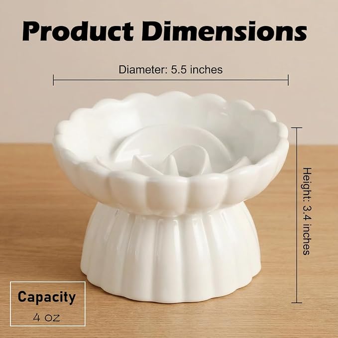 Ceramic Cat Slow Feeder, Raised Slow Feeder Cat Bowl, Anti Vomiting and Whisker Friendly Kitty Dish, Elevated Puppy Kitten Food Bowl for Dry and Wet Food (White) - Image 2