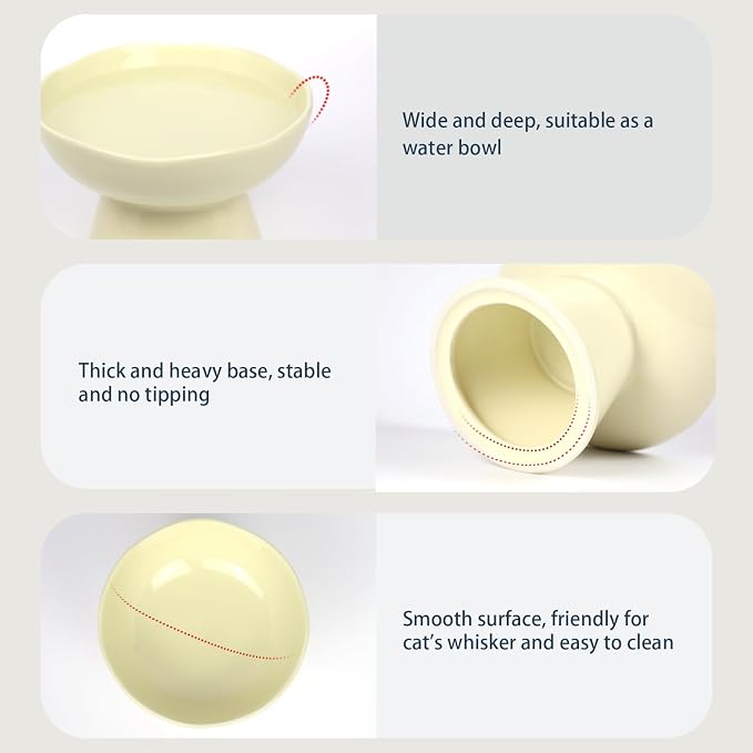 6.1" Wide 1.57" Deep Elevated Cat Bowls, Ceramic Water Bowls for Flat Faced Cats,Cat Feeder,Stress Free,Protect Cat’s Spine,Cream - Image 3