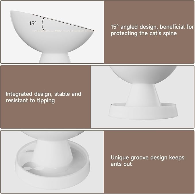 Raised Cat Food Bowl, Ceramic 15° Tilted Cat Bowl(White) | Ant-Proof Design, for Whisker & Neck Fatigue, Protect Pet's Spine, Titled Anti-Vomiting Cat Dish, All Life Stage - Image 4