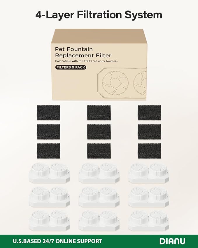 DIANU Official Replacement Filters for 108 oz/3.2 L Cat Fountain (9 Pack) | Includes 9 Filters and 9 Pre-Filter Sponges, with Multi-Stage Filtration to Help Keep Water Fresh - Image 9