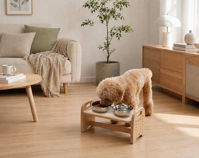 Haotree 4-Level Adjustable Elevated Dog Bowl Stand, Premium Solid Rubberwood Pet Feeding Station with Carry Handles & Anti-Slip Feet for Small Dogs & Cats, Furniture-Style Pet Feeder, Stand Only - Image 6